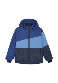 Giacca invernale a blocchi di colore blu e azzurro con cappuccio, chiusura con zip, maniche lunghe e polsini regolabili. Materiale idrorepellente.
