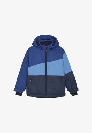 Blau und hellblau farblich abgesetzte Winterjacke mit Kapuze, Reißverschluss, langen Ärmeln und verstellbaren Manschetten. Wasserabweisendes Material.