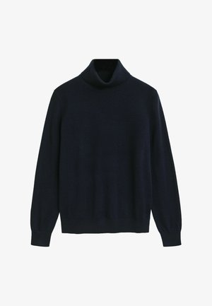 Marineblauwe coltrui gemaakt van zachte gebreide stof. Heeft lange mouwen en een aangesloten kraag met ribgebreide manchetten en een zoom.