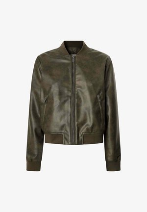 Oliņu zaļas ādas bomberjakas ar priekšējo rāvējslēdzēju, ribotām aprocēm un apakšmalu. Iespējotas sānu kabatas un gluda, spīdīga tekstūra.