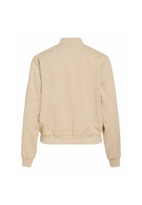 Veste bomber beige manches longues avec col, poignets et bas en côtes, vue de dos sur fond blanc.