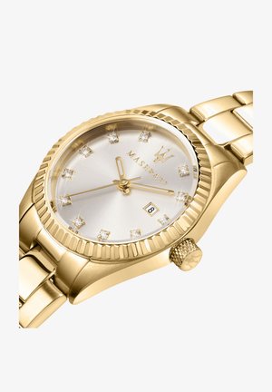 Orologio in acciaio inossidabile dorato con quadrante argento, marcatori delle ore in diamante, lunetta scanalata e indicazione della data alle 6. Dettaglio della corona texturizzata.