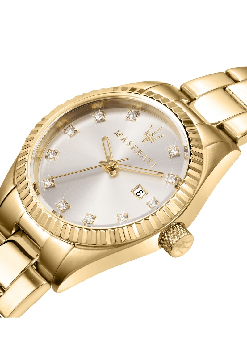 Orologio in acciaio inossidabile dorato con quadrante argento, marcatori delle ore in diamante, lunetta scanalata e indicazione della data alle 6. Dettaglio della corona texturizzata.