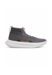 Gray knit athletic shoe with a high, textured collar, white cushioning sole, and an orange accent near the heel. Logo printed on the side.