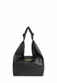Borsa in pelle nera con una forma morbida e strutturata. Presenta un manico annodato e un dettaglio in metallo dorato nella parte anteriore.