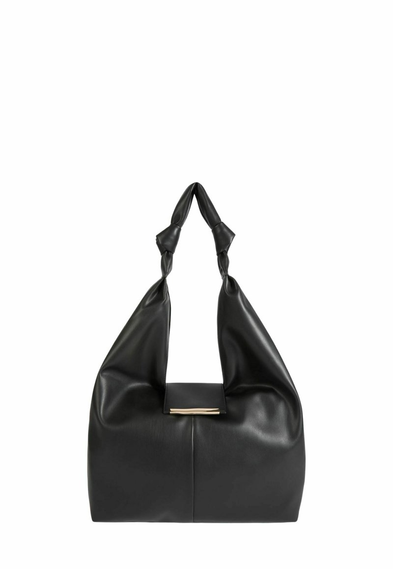 Borsa in pelle nera con una forma morbida e strutturata. Presenta un manico annodato e un dettaglio in metallo dorato nella parte anteriore.