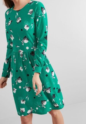 Kvinde iført en langærmet grøn kjole med et sort og hvidt blomstret og prikket mønster, stående mod en ensfarvet lys baggrund.