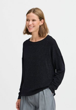 Black, long-sleeve sweater with a loose fit and round neckline, featuring a subtly textured fabric and dropped shoulder seams.