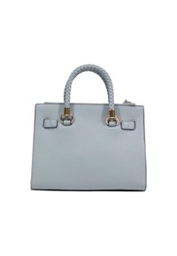 Lyseblå læderhåndtaske med struktureret design, flettet topstrop, guldfarvede hardware-detaljer og lynlåslukning.