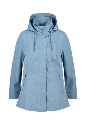 Lichtblauwe damesregenjas met capuchon, rits aan de voorkant en drukknoopsluiting, met ritssluitingen aan de zijkanten en verstelbare trekkoorden aan de capuchon.