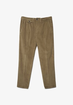 Pantaloni in corduroy di un marrone medio, con un design a gamba dritta, tasche anteriori, chiusura a bottone e rigature verticali texturizzate.