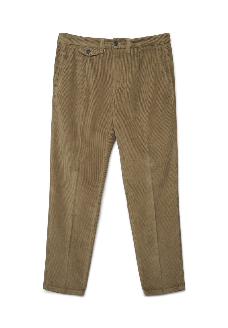 Cord-Hosen in einem mittleren Braunton, mit einem geraden Bein-Design, vorderen Taschen, Knopfverschluss und strukturiertem, vertikalem Rippmuster.