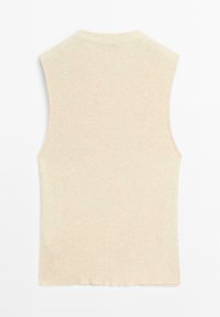 Top senza maniche di un leggero beige realizzato in tessuto a maglia a coste, caratterizzato da un collo rotondo e un orlo dritto, con una sottile texture e elasticità.