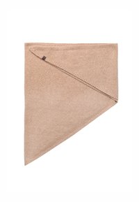 Beez värvi kolmnurkne sall pehmest kangast, mille ääres on soonik ja nurgas väike bränditud silt. Sujuv tekstuur väikeste variatsioonidega.