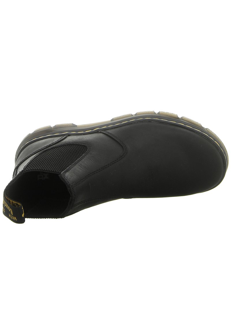 Black slip-on shoe with a smooth leather upper, textured side panels, and a durable, visible patterned sole. Features a pull tab.