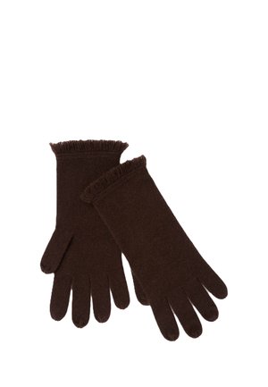 Paar dunkelbrauner gestrickter Handschuhe mit Fransen am Handgelenk, flach auf weißem Hintergrund dargestellt.