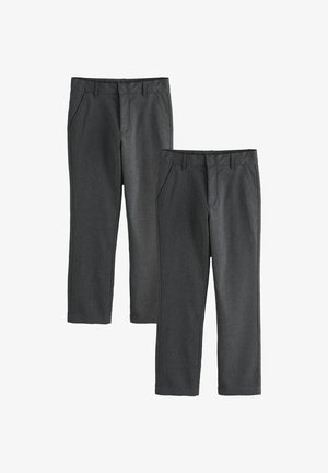 Zwei Paare dunkelgraue, gerade geschnittene Hosen mit Gürtelschlaufen und Seitentaschen, nebeneinander auf weißem Hintergrund gezeigt.