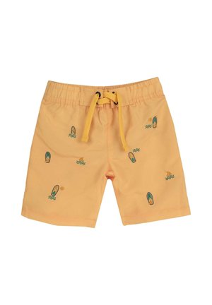 Pantaloni da bagno arancioni con elastico in vita e lacci gialli. Presentano un ricamo di tavole da surf blu e verdi e onde su tutta la superficie.