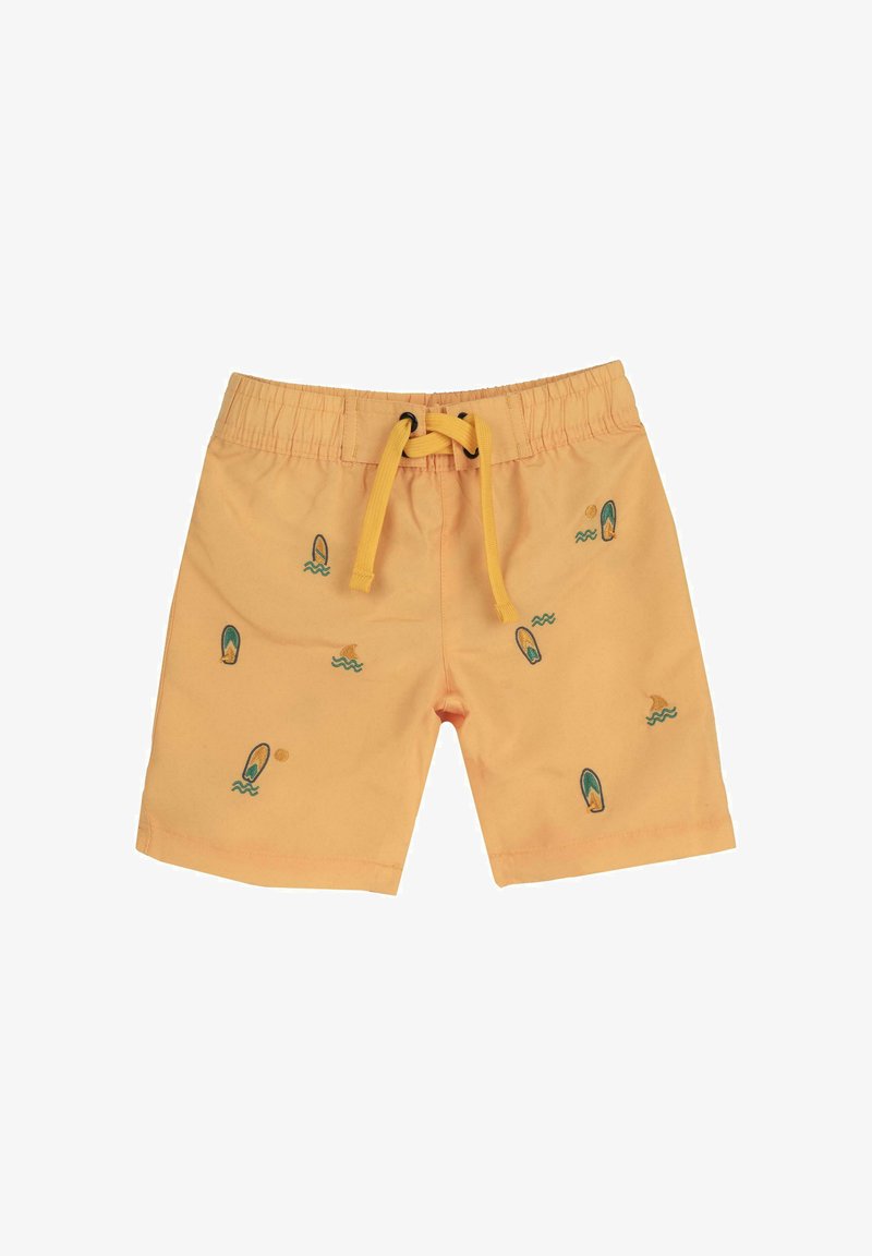 Shorts de bain orange avec une taille élastique et un cordon de serrage jaune. Présente des broderies de planches de surf et de vagues en bleu et vert.