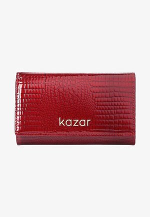 Red leather wallet with a crocodile texture, featuring a gold "kazar" logo on the front and a sleek flap design.