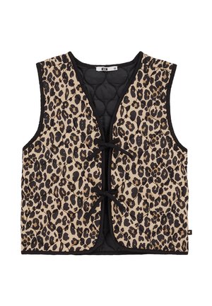 Chaleco acolchado con estampado de leopardo y ribete negro, con diseño de cuello en V y cierres delanteros con lazos. Textura suave y patrón distintivo.