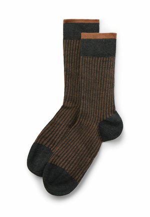 Calzini a righe con colori grigio scuro e marrone, dotati di coste verticali, un tallone solidale grigio scuro e un polsino marrone a contrasto.