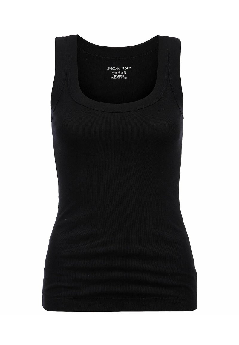 Zwarte tanktop met een ronde halslijn en brede schouderbanden, gemaakt van rekbare katoen, met een aansluitende pasvorm en een soepele textuur.