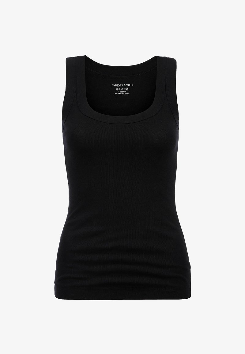 Black tank top with a round neckline and wide straps, made of stretchable cotton material, featuring a fitted silhouette and smooth texture.