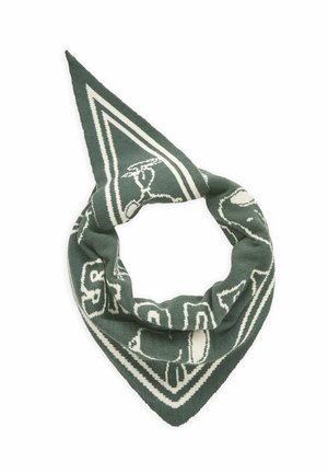 Grün-weiß gestrickter Schal, gefaltet in dreieckiger Form mit abstrakten Mustern und Textdetails.