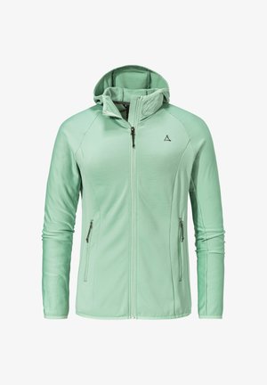 Hellgrüne Jacke mit strukturierter Oberfläche, taillierter Passform, Kapuze und seitlichen Reißverschlusstaschen. Mit einem kleinen Logo auf der Brust.