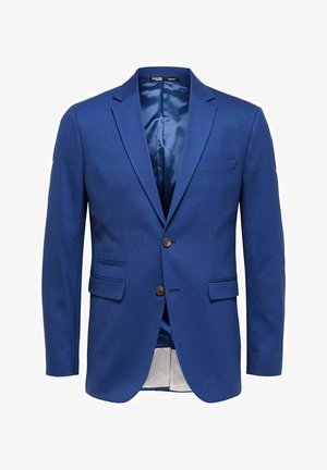 Blue slim-fit blazer made of textured fabric. Features notched lapels, two-button closure, one chest pocket, and two side pockets.
