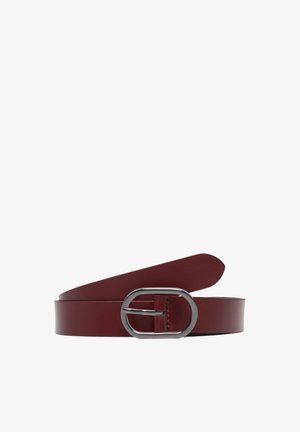 Burgundy leather belt with a smooth texture, featuring a circular silver metal buckle and a tapered end design.