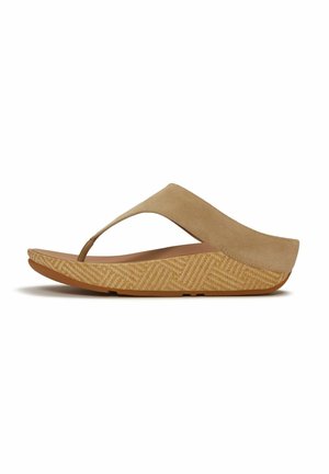 Beige wedge sandal with woven-patterned platform sole and suede wide strap over top, open toe and thong design.