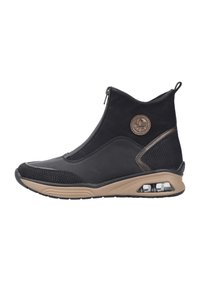 Bottine noire avec fermeture éclair, dotée d'une tige en cuir lisse et d'accents texturés, reposant sur une semelle intermédiaire marron clair avec un amorti d'air visible.