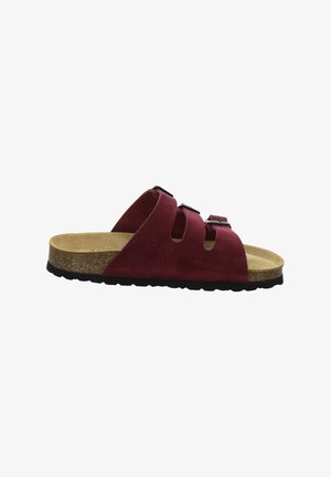 Maroon suede open-toe slide sandal with three adjustable straps, cork footbed, and black textured rubber sole.