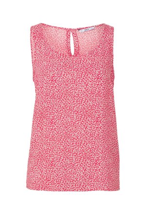 Top smanicato rosa con motivo floreale, dettaglio a occhiello sul retro, tessuto leggero e vestibilità comoda.