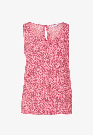 Top smanicato rosa con motivo floreale, dettaglio a occhiello sul retro, tessuto leggero e vestibilità comoda.