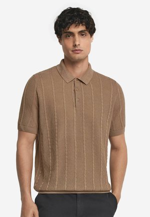 Short-sleeve polo shirt in light brown knit fabric with textured cable pattern and ribbed collar and cuffs. Simple button closure at neck.