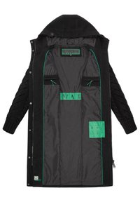 Black coat with knitted sleeves, featuring a black interior and green accents. Includes two inner zip pockets and care labels.