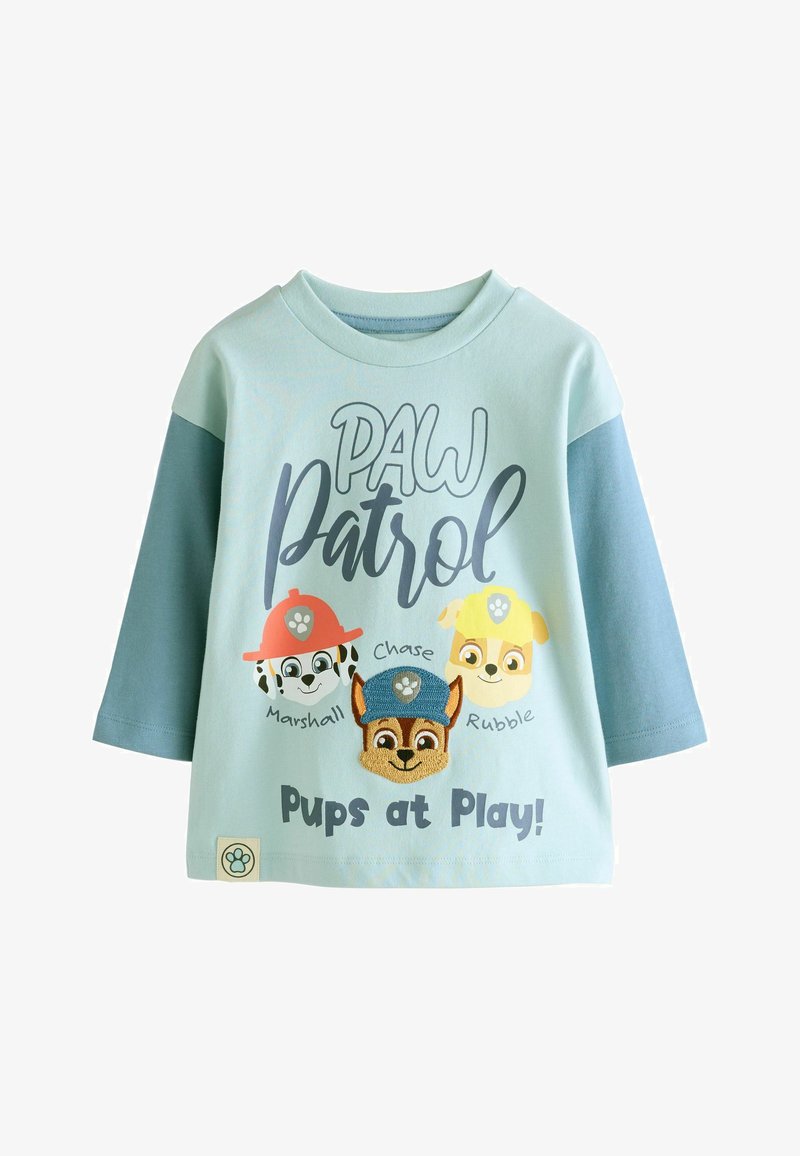 T-shirt in cotone azzurro chiaro con tre personaggi di cartoni animati di cani, testo "Paw Patrol", maniche corte e dettagli ricamati sui volti dei cani.