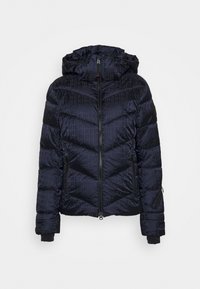 Tmavě modrá péřová bunda s kapucí, prošívaným vzorem, vystouplým motivem "FIRE", předním zipem a dvěma bočními kapsami.