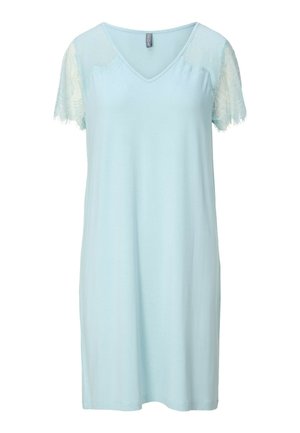 Vaaleansininen polvipituinen mekko, jossa on V-pääntie ja pitsiset lyhyet hihat, suunniteltu rentoon tai puolimuodolliseen käyttöön.