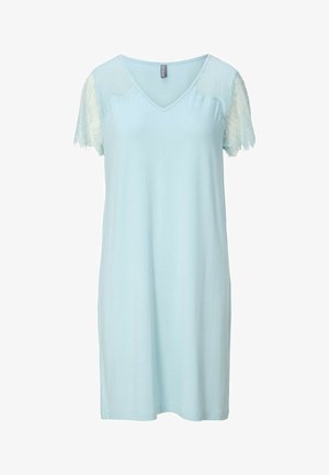 Vaaleansininen polvipituinen mekko, jossa on V-pääntie ja pitsiset lyhyet hihat, suunniteltu rentoon tai puolimuodolliseen käyttöön.