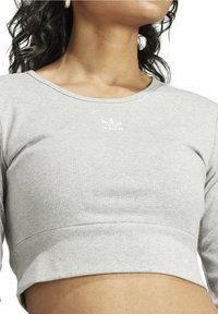 Vaaleanharmaa lyhytolkaiminen pitkähihainen paita, joka on valmistettu ribbikankaasta, pyöreällä pääntiellä ja jossa on pieni valkoinen logo rinnassa.