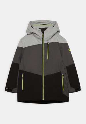 Bunda s blokovým barevným provedením ve světlé šedé, černé a tmavě šedé barvě. Přední zapínání na zip s zelenými detaily na zipu a třemi kapsami na zip.