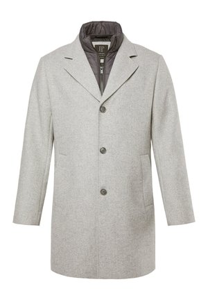 Męski jas z jasnoszarej wełny z trzema guzikami, wykładanym kołnierzem z wycięciem, bocznymi kieszeniami oraz wewnętrznym ciemnoszarym kołnierzem kamizelki na zamek.