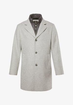 Manteau en laine gris clair pour homme avec trois boutons, revers crantés, poches latérales et col de gilet intérieur gris foncé zippé.