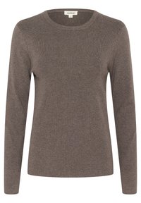 Brązowy sweter z długim rękawem, wykonany z miękkiego, teksturowanego dzianiny. Posiada okrągły dekolt i dopasowany krój. Minimalistyczny design bez dodatkowych ozdób.