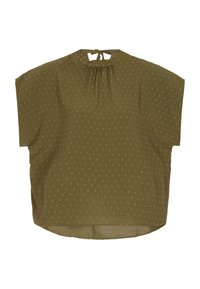 Zielona oliwkowa bluzka z okrągłym dekoltem, krótkimi rękawami i zapięciem na wiązanie z tyłu. Charakteryzuje się subtelnym wzorem w kropki.