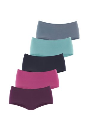 Five pairs of hipster briefs in varying solid colors: gray, teal, navy, pink, and dark purple. Smooth fabric with a basic design.